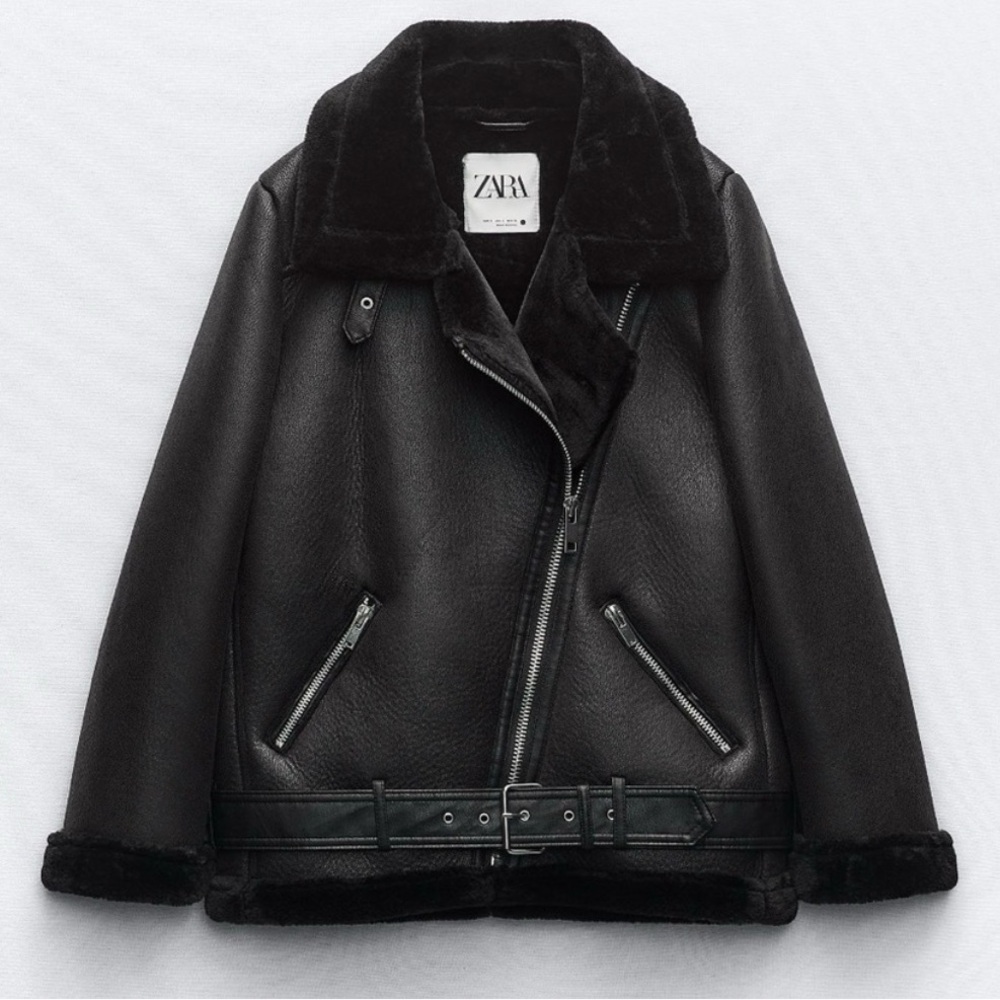 ZARA  trendy with fur double-sided belted Black with faux fur  collar size S - Picture 4 of 5